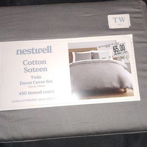 NEW Nestwell Cotton Sateen Twin Duvet & Sham Set Frost Gray Bedding